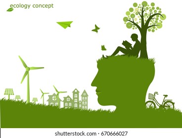 The boy reading a book on the human head ,windmill and solar panels on the grass ,Environmentally friendly world. Vector illustration of ecology,concept protect the environment and The earth