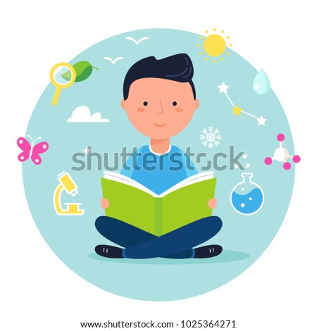 Boy Reading a Book on Science or Nature Study. Modern Vector Illustration.