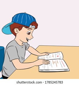 a boy reading a book on the table vector illustration