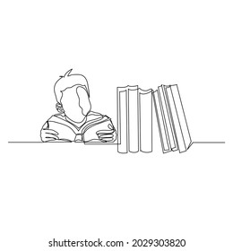 boy reading a book in one line vector illustration