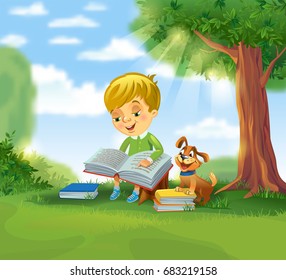 Boy reading book outdoors under a tree in sunny summer day, vector illustration