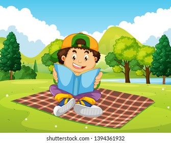 Boy Reading Book Park Illustration Stock Vector (Royalty Free) 1394361932