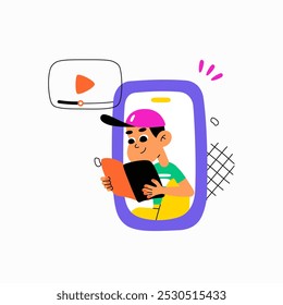 Menino lendo um livro em uma tela de telefone com um ícone de vídeo em ilustração vetorial plana simbolizando aprendizagem online, educação e alfabetização digital, isolado no fundo branco.