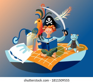 Boy is reading book of pirate adventures. Kid in hat of ship captain sits on bed, holds toy sword, imaging sea voyage sailing in children's bedroom. Vector character illustration of child literature