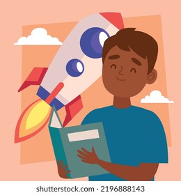 boy reading book and rocket