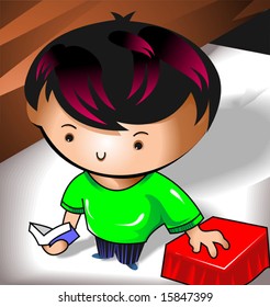 boy reading book in a room	