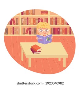 Niño leyendo libro en la biblioteca escolar. Feliz inteligente ilustración vectorial de la actividad de aprendizaje infantil. Niño sentado en la mesa. Fondo de diseño interior de la biblioteca.