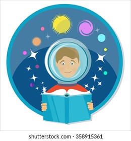 Boy reading a book. Science fiction, sci-fi. Power of imagination.