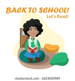 Boy reading book seated. Vector illustration
