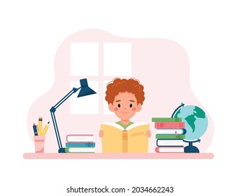 Niño leyendo un libro sentado en un escritorio. Concepto de ilustración vectorial en estilo de caricatura