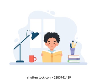 Boy reading a book sitting at a desk. Cute vector illustration concept in cartoon style