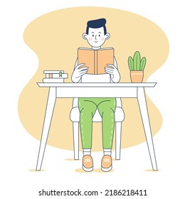 Boy reading a book sitting at a desk. Smiling boy doing homework. Line art. Vector illustration.