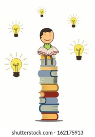 Boy reading book and sitting on stack of books with idea light bulbs around him. Knowledge and education concept. 