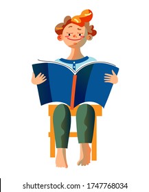 Niño leyendo libro, sentado en la silla, persona aislada. Un pequeño lector disfruta de la historia. Escolar estudiando y haciendo deberes sobre libros de texto. Ilustración vectorial de la literatura infantil, hobby infantil