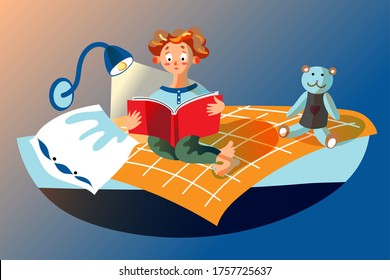 Boy is reading book, sitting on bed in children's bedroom. Little reader enjoying bedtime story at night, lighting table lamps, toy teddy bear. Vector character illustration of child literature