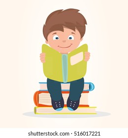 Boy is reading a book and sitting on a stack of books. Vector illustration