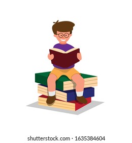 boy reading book and sitting in stack books, children study and learning illustration in flat cartoon vector isolated in white background