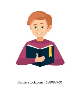 boy reading a book, reading boy smiling. the character holds in his hands an open book. vector illustration isolated from background