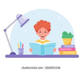 Boy reading a book. Boy studying with a book. Homework, schooling. Vector illustration