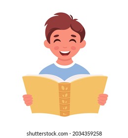 Boy reading a book. Boy studying with a book. Homework, schooling. Vector illustration