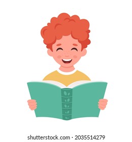 Boy reading a book. Boy studying with a book. Homework, schooling. Vector illustration