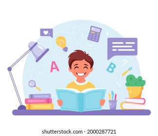 Boy reading book. Boy studying with a book. Vector illustration