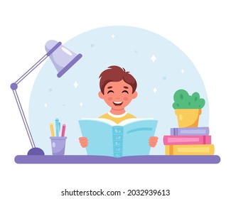 Boy reading a book. Boy studying with a book. Vector illustration