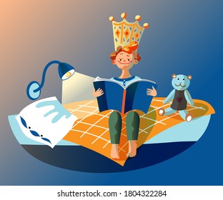 Boy is reading book of tale of kingdom. Kid in crown of king sits on bed in children's bedroom, medieval castle behind, imaging historical adventures. Vector character illustration of child literature