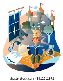 Boy is reading book of tale of kingdom. Kid in crown of king sits on bed in children's bedroom, medieval castle behind, imaging historical adventures. Vector character illustration of child literature