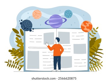 Boy reading book. Teen near huge fiction with planets. Cosmos and space. Love of reading and literature. Hobbies and leisure. Imagination and fantasy. Linear vector illustration