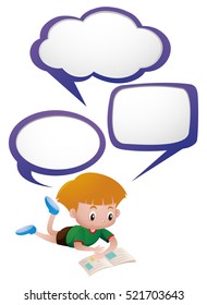 Boy reading book with three thinking clouds illustration
