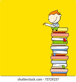 Boy reading a book at a top of a book heap