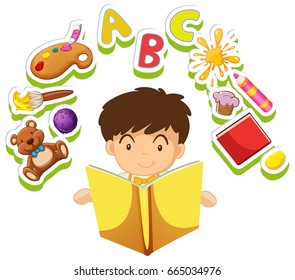 Boy reading book with toys in background illustration