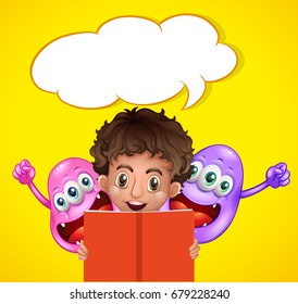 Boy reading book with two monsters illustration