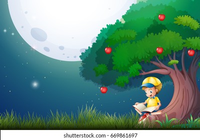 Boy reading book under apple tree illustration