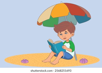 Boy Reading a Book Under a Beach Umbrella