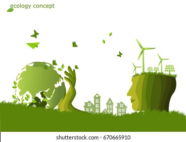 The boy reading a book under The Global ,windmill and solar panels on the grass ,Environmentally friendly world. Vector illustration of ecology,concept Hand to protect the environment and The earth