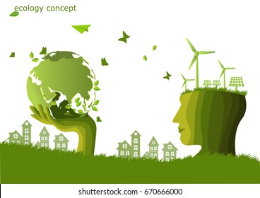 The boy reading a book under The Global ,windmill and solar panels on the grass ,Environmentally friendly world. Vector illustration of ecology,concept Hand to protect the environment and The earth