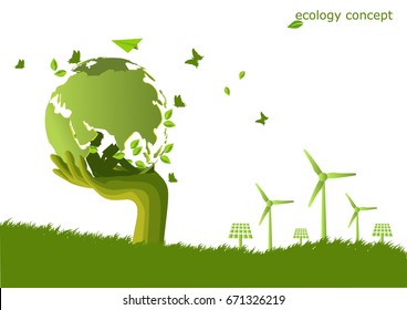 The boy reading a book under The Global ,windmill and solar panels on the grass ,Environmentally friendly world. Vector illustration of ecology,concept Hand to protect the environment and The earth