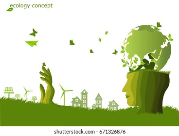 The boy reading a book under The Global on human head ,windmill and solar panels on the grass ,Environmentally friendly world.concept all people protect the environment and The earth