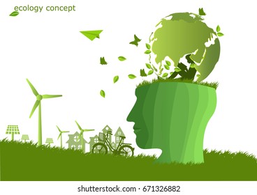 The boy reading a book under The Global on human head ,windmill and solar panels on the grass ,Environmentally friendly world. concept all people protect the environment and The earth