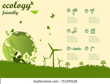 The boy reading a book under The Global ,windmill and solar panels on the grass ,Environmentally friendly world. Vector illustration of ecology,concept Hand to protect the environment and The earth