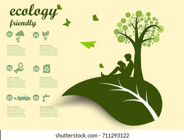 The boy reading a book under tree ,Environmentally friendly world. Vector illustration of ecology,concept  protect the environment and The earth,six option for infographic
