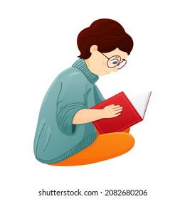 The boy is reading a book. Vector bright illustration in cartoon style isolated on white background. The child is holding a book.
