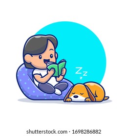 Boy Reading Book Vector Icon Illustration. Work From Home Mascot Cartoon Character. People Icon Concept Isolated. Flat Cartoon Style Suitable for Web Landing Page, Banner, Flyer, Sticker, Card