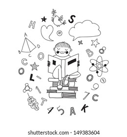 Boy reading a book. Vector illustration.