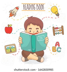 Boy is reading a book. Vector illustration