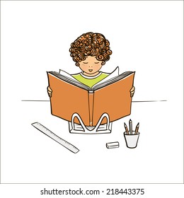 Boy reading a book. Vector illustration.