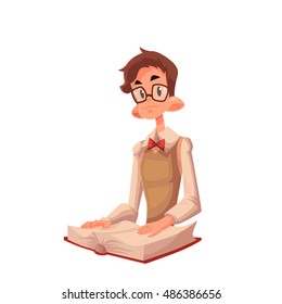 Boy reading a book vector illustration.  Cartoon character of student or pupil. 