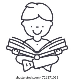 boy reading book vector line icon, sign, illustration on background, editable strokes